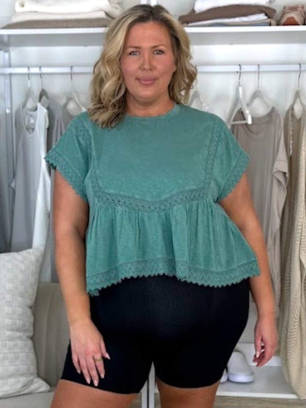Plus Size Crochet Trim Peplum Top in Teal